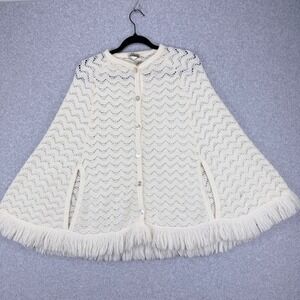VTG Sears Knit Cape Women One‎ Size Cream Pointelle Fringe Cottagecore Boho